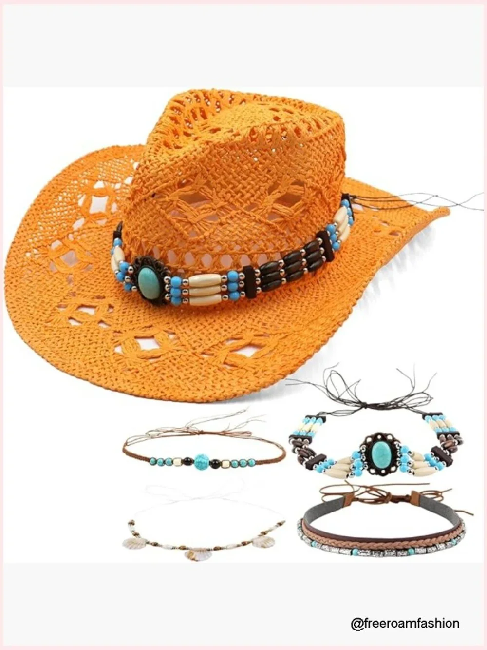 Straw Cowboy Sun Hat with Four Bands Adjustable Shapeable Wide Brim